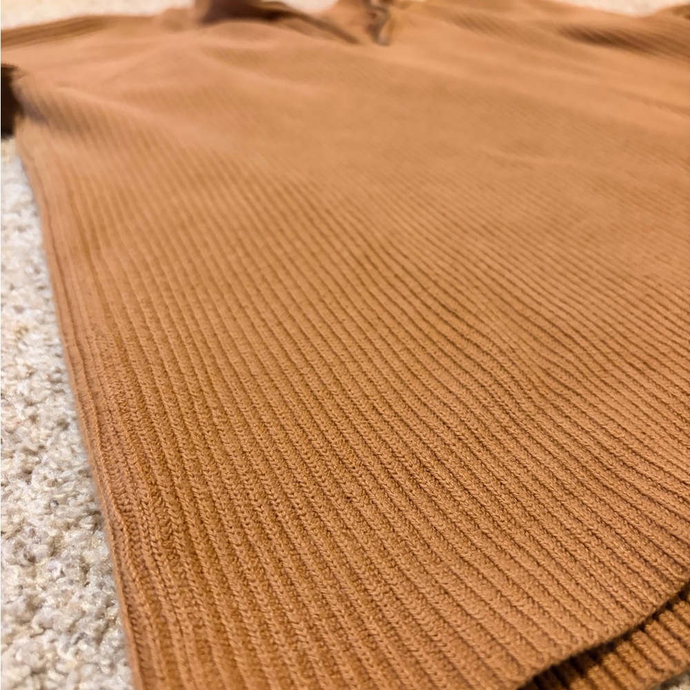 Express Mock Neck Quarter Zip Soft Knit Ribbed Pullover Sweater in Camel - Picture 3 of 5